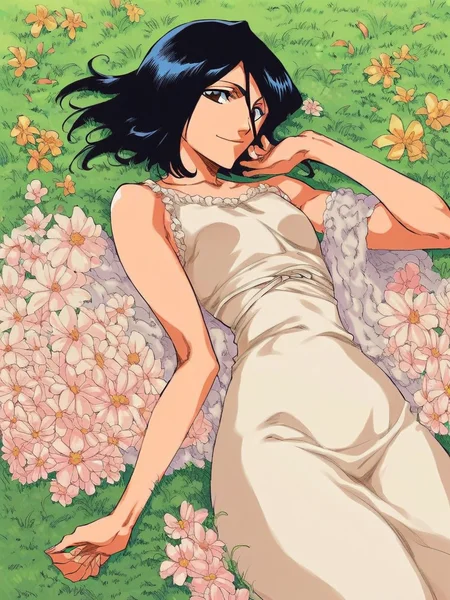 score_9, score_8_up, score_7_up, source_manga, colored, Tite Kubo manga style, Tite Kubo art style, <lora:Tite_Kubo_manga_style_Pony:1>, rukia kuchiki, summer dress, on grass, flowers, lay, on back, looking at viewer, closed mouth, soft smile, from above, best quality, masterpiece