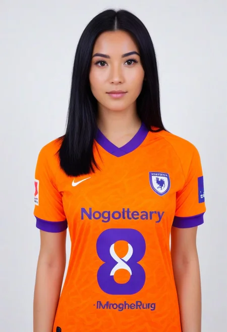 photo of a girl with long black hime cut hair, pretty face, looking at viewer. simple background, white background.
(wearing soccer_jersey, purple theme, orange theme, english text).