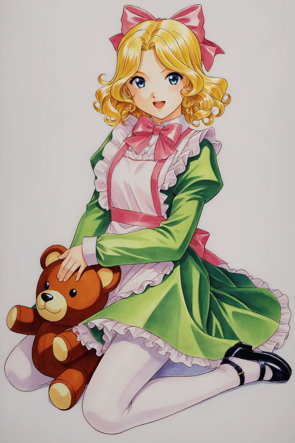Iris Chateaubriand, 1girl, solo, blonde hair, bow, pantyhose, stuffed toy, stuffed animal, white background, white pantyhose, teddy bear, dress, hair bow, full body, mary janes, simple background, shoes, medium hair, pink bow, holding, apron, frills, open mouth, smile, long sleeves, looking at viewer, ribbon, juliet sleeves, green dress, wavy hair, mid cut, parted bangs, bangs, traditional media,score_9,score_8_up,<lora:Kosuke Fujishima_XL_PONY:0.8>,