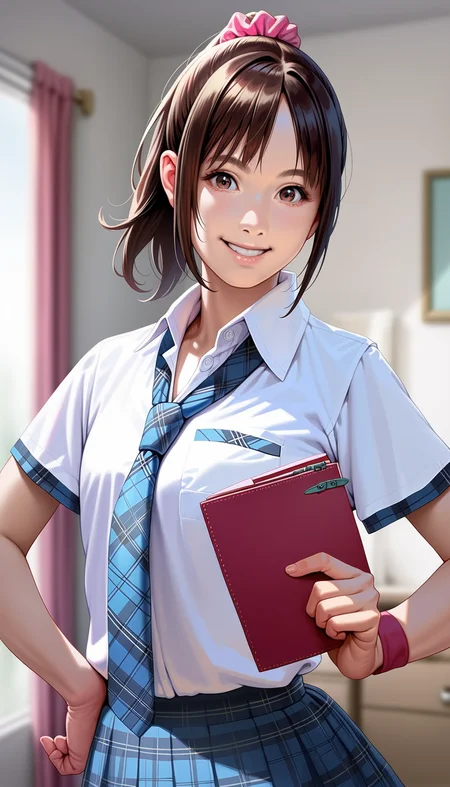 score_9,score_8_up,score_7_up,
<lora:miiyamotohikari:0.9>,miiyamotohikari,
photorealistic,
1girl,solo,black hair,ponytail,bangs,pink scrunchie,brown eyes,looking at viewer,smile,white collar shirt,blue plaid skirt,blue plaid necktie,red wristband,upper body,v sign,left hand holding a notebook on hip,
blurry background,simple background,indoors,bedroom,