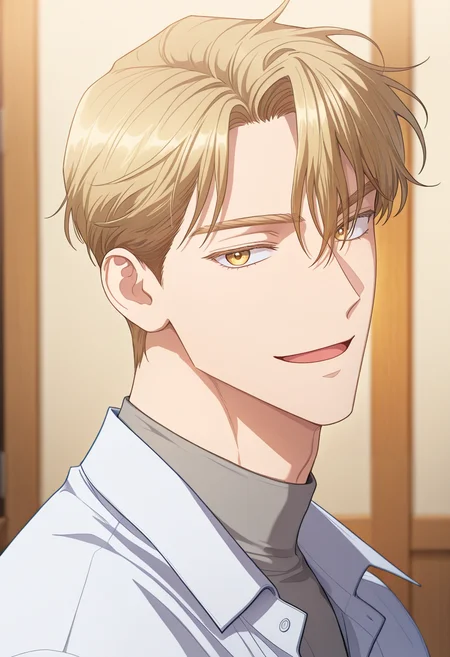 masterpiece, best quality, amazing quality,high resolution, intricate details,anime coloring,depth of field , , , 1boy, solo, male focus,  <lora:sung_hyunjae:0.75>,sung hyunjae,golden eyes,bloden hair,short hair,looking at viewer, shirt,grey turtleneck,smile, open mouth,collared shirt, upper body, looking back, indoors, portrait