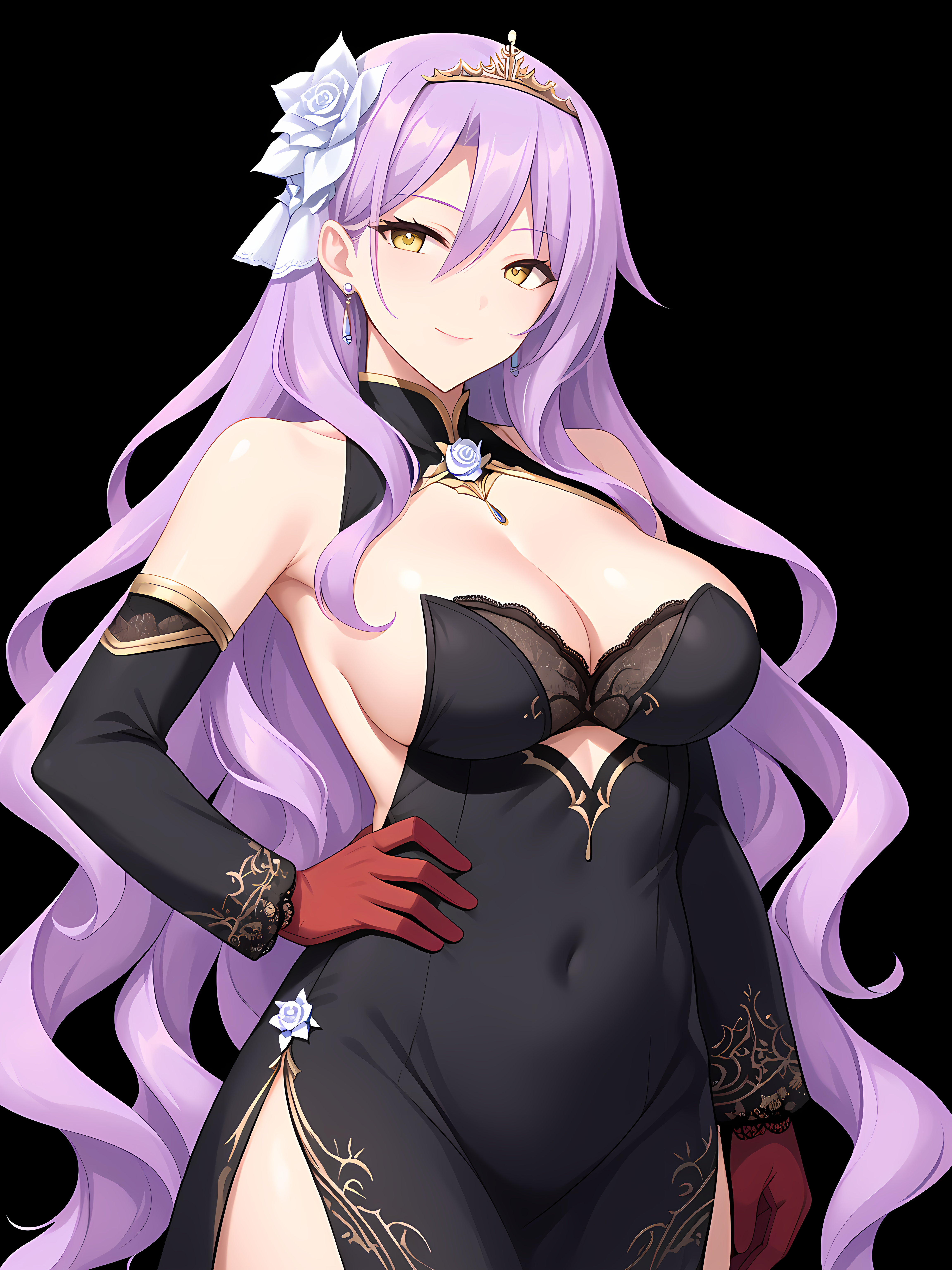 <lora:Madou_Koukaku_-_Eushully:1>,eushully,feruano,1girl,breasts,solo,long hair,gloves,flower,large breasts,hair flower,hair ornament,yellow eyes,cleavage,black dress,very long hair,hand on hip,red gloves,detached sleeves,smile,sideboob,bare shoulders,clothing cutout,light purple hair,tiara,simple background,black background,earrings,jewelry,white flower,rose,lace trim,, score_9, score_8_up, score_7_up,source_anime,(masterpiece),(best quality),(ultra-detailed),(best illustration),(best shadow),(absurdres),(detailed background),(very aesthetic),source_anime