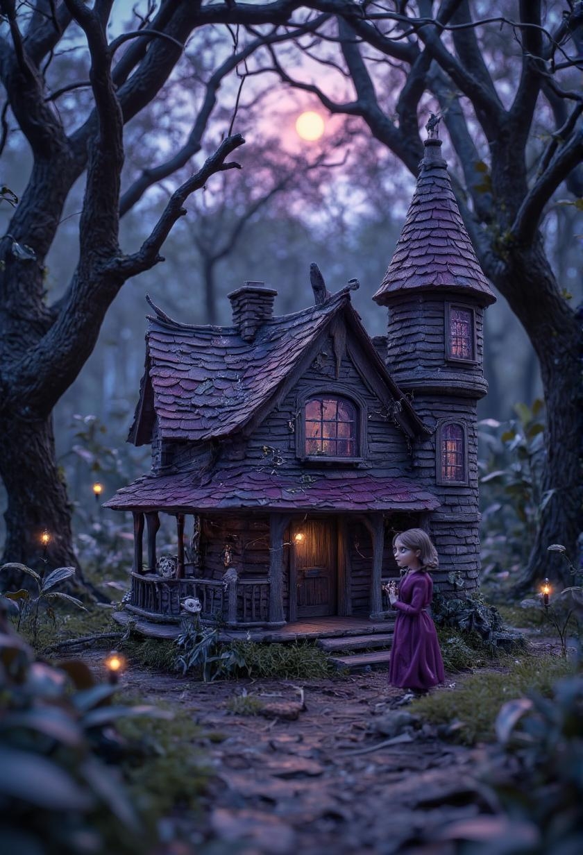 <lora:Cute_Collectibles.safetensors:1>
In the heart of an ancient, forgotten forest, a handcrafted miniature purple witch's house stands isolated and foreboding. The surrounding trees loom tall, their branches twisted and gnarled, casting long, eerie shadows that dance and sway with the slightest breeze. The house, with its intricate details, appears as a relic from a forgotten era, its walls adorned with white skull decorations that seem to leer menacingly from the dim light. Spider webs cling to the windows, their silken strands gleaming with a sinister sheen under the pale, moonlit sky.
Above the door, a small pink moon hangs low, its light casting an otherworldly glow that only deepens the sense of unease. On the left tower, a skull sits perched, its empty eye sockets staring into the darkness, as if watching for something hidden in the shadows. The air is thick with the scent of damp earth and decaying foliage, and the silence is broken only by the distant rustling of leaves and the occasional, faint whisper of the wind.
A figure, a woman in her late 20s with a pale, gaunt face and dark, flowing hair, stands at the edge of the clearing, her eyes scanning the gloomy landscape. She is dressed in a long, tattered dress that flutters softly in the cold night air, and her hands are clasped tightly as if to ward off an unseen threat. Her steps are cautious, her senses heightened, as she approaches the witch's house. The air around her feels charged with an electric tension, every shadow a potential harbinger of danger. The scene is a perfect blend of beauty and terror, drawing the viewer into a world where the line between the real and the sinister is blurred.
