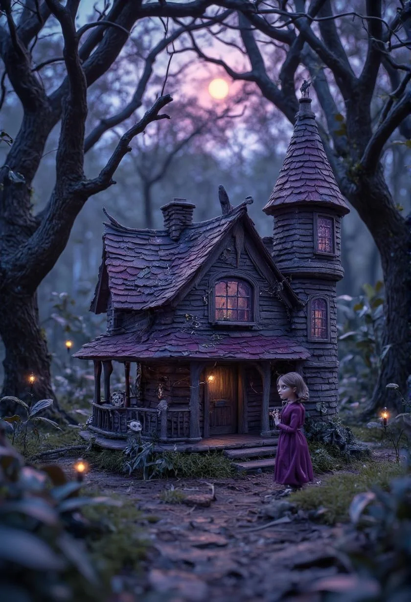 <lora:Cute_Collectibles.safetensors:1>
In the heart of an ancient, forgotten forest, a handcrafted miniature purple witch's house stands isolated and foreboding. The surrounding trees loom tall, their branches twisted and gnarled, casting long, eerie shadows that dance and sway with the slightest breeze. The house, with its intricate details, appears as a relic from a forgotten era, its walls adorned with white skull decorations that seem to leer menacingly from the dim light. Spider webs cling to the windows, their silken strands gleaming with a sinister sheen under the pale, moonlit sky.
Above the door, a small pink moon hangs low, its light casting an otherworldly glow that only deepens the sense of unease. On the left tower, a skull sits perched, its empty eye sockets staring into the darkness, as if watching for something hidden in the shadows. The air is thick with the scent of damp earth and decaying foliage, and the silence is broken only by the distant rustling of leaves and the occasional, faint whisper of the wind.
A figure, a woman in her late 20s with a pale, gaunt face and dark, flowing hair, stands at the edge of the clearing, her eyes scanning the gloomy landscape. She is dressed in a long, tattered dress that flutters softly in the cold night air, and her hands are clasped tightly as if to ward off an unseen threat. Her steps are cautious, her senses heightened, as she approaches the witch's house. The air around her feels charged with an electric tension, every shadow a potential harbinger of danger. The scene is a perfect blend of beauty and terror, drawing the viewer into a world where the line between the real and the sinister is blurred.