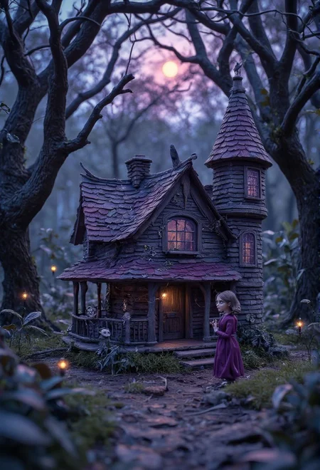 <lora:Cute_Collectibles.safetensors:1>
In the heart of an ancient, forgotten forest, a handcrafted miniature purple witch's house stands isolated and foreboding. The surrounding trees loom tall, their branches twisted and gnarled, casting long, eerie shadows that dance and sway with the slightest breeze. The house, with its intricate details, appears as a relic from a forgotten era, its walls adorned with white skull decorations that seem to leer menacingly from the dim light. Spider webs cling to the windows, their silken strands gleaming with a sinister sheen under the pale, moonlit sky.
Above the door, a small pink moon hangs low, its light casting an otherworldly glow that only deepens the sense of unease. On the left tower, a skull sits perched, its empty eye sockets staring into the darkness, as if watching for something hidden in the shadows. The air is thick with the scent of damp earth and decaying foliage, and the silence is broken only by the distant rustling of leaves and the occasional, faint whisper of the wind.
A figure, a woman in her late 20s with a pale, gaunt face and dark, flowing hair, stands at the edge of the clearing, her eyes scanning the gloomy landscape. She is dressed in a long, tattered dress that flutters softly in the cold night air, and her hands are clasped tightly as if to ward off an unseen threat. Her steps are cautious, her senses heightened, as she approaches the witch's house. The air around her feels charged with an electric tension, every shadow a potential harbinger of danger. The scene is a perfect blend of beauty and terror, drawing the viewer into a world where the line between the real and the sinister is blurred.