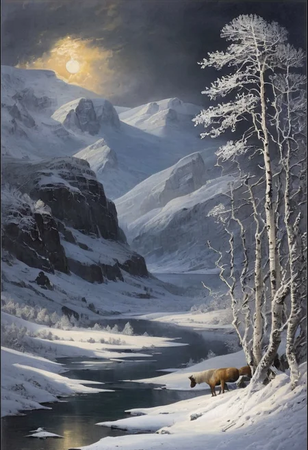One moon, with alteration slow, had shed Her silver seasons four upon the night, And still these two were postured motionless, Like natural sculpture in cathedral cavern; The frozen God still couchant on the earth, And the sad Goddess weeping at his feet: Until at length old Saturn lifted up His faded eyes, and saw his kingdom gone, And all the gloom and sorrow of the place, And that fair kneeling Goddess; and then spake, As with a palsied tongue, and while his beard Shook horrid with such aspen-malady, detailed, dark art, painting, landscape, best quality, 8k, hdr, by charles tunnicliffe, by george dawe