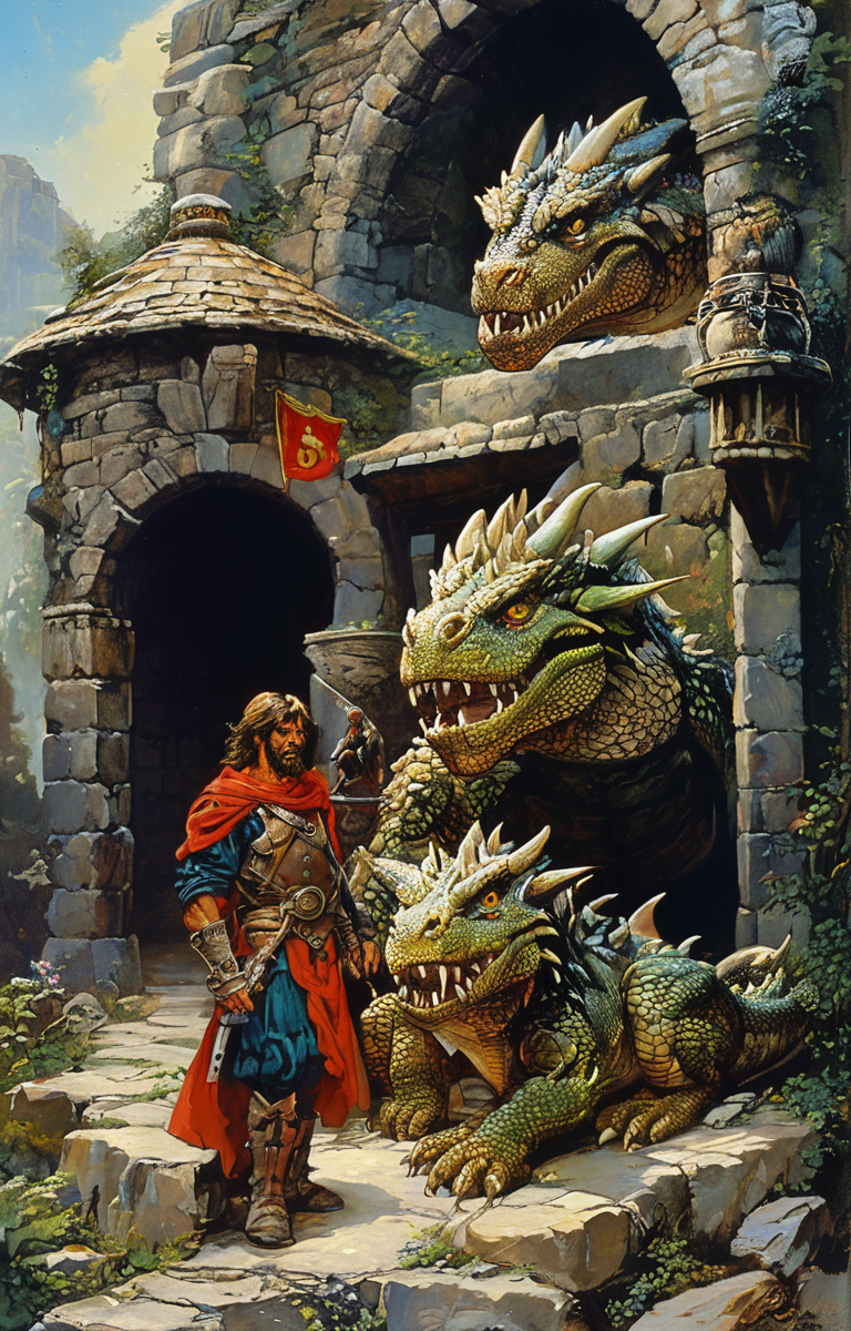 masterpiece,best quality,<lora:tbh182-sdxl:0.9>,style of Clyde Caldwell,Dungeon and Dragon,Brave,Sword,Shield,Dragon,adnd,
