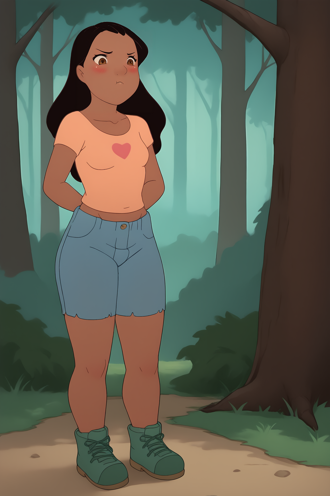 score_9, score_8_up, score_7_up, score_6_up, source_cartoon, BREAK, NaniPelekaiLSXL, mature female, dark skin, brown eyes, black hair, long hair, bangs, small breasts, collarbone, orange midriff, short slevees, single heart print, denim shorts, green shoes, solo, standing, forest, blush, pout, closed mouth  <lora:MamakoPoutPXL:1>  <lora:NaniPelekaiLSXL:1>