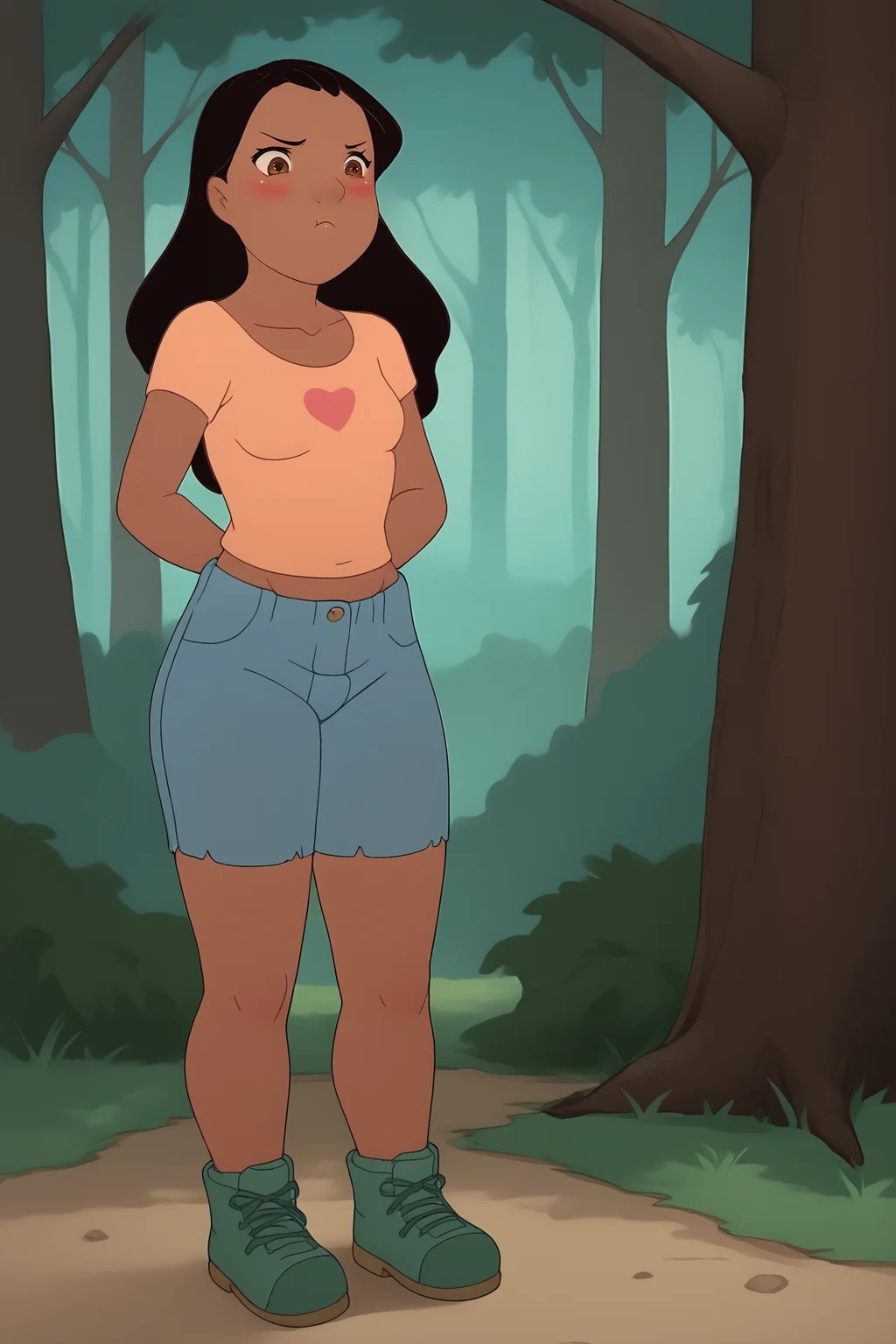 score_9, score_8_up, score_7_up, score_6_up, source_cartoon, BREAK, NaniPelekaiLSXL, mature female, dark skin, brown eyes, black hair, long hair, bangs, small breasts, collarbone, orange midriff, short slevees, single heart print, denim shorts, green shoes, solo, standing, forest, blush, pout, closed mouth <lora:MamakoPoutPXL:1> <lora:NaniPelekaiLSXL:1>