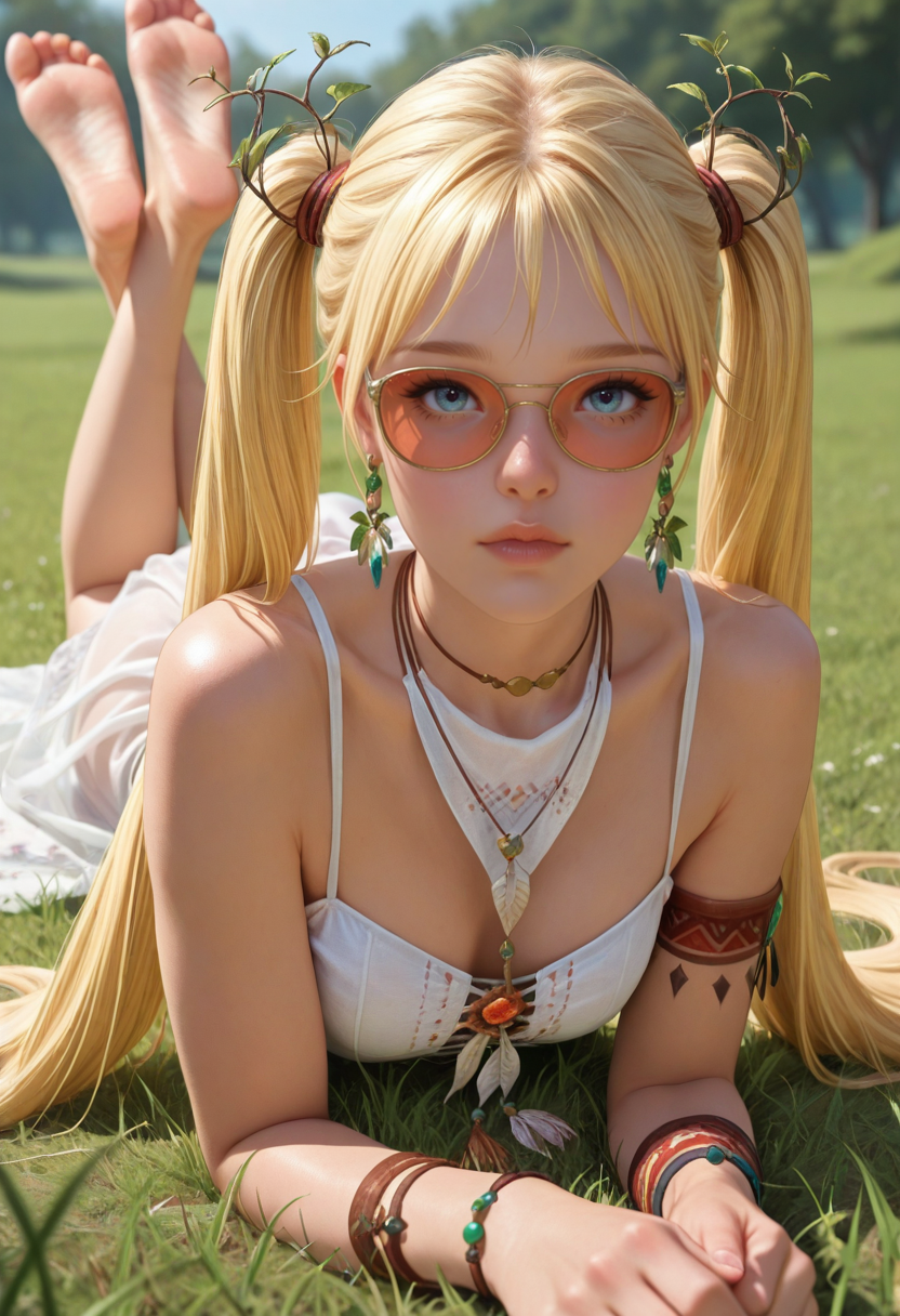 masterpiece, very aesthetic, best quality, absurdres, newest, solo,
<lora:ILLANia:1.0>
LANia, 1girl, blue eyes, blonde hair, twin tails, long hair, looking at viewer, barefoot, lying, on stomach, blurry background, feet up, on grass, jewelry, earrings, tinted eyewear, sunglasses, soles, white dress, depth of field, outdoors, realistic, see-through