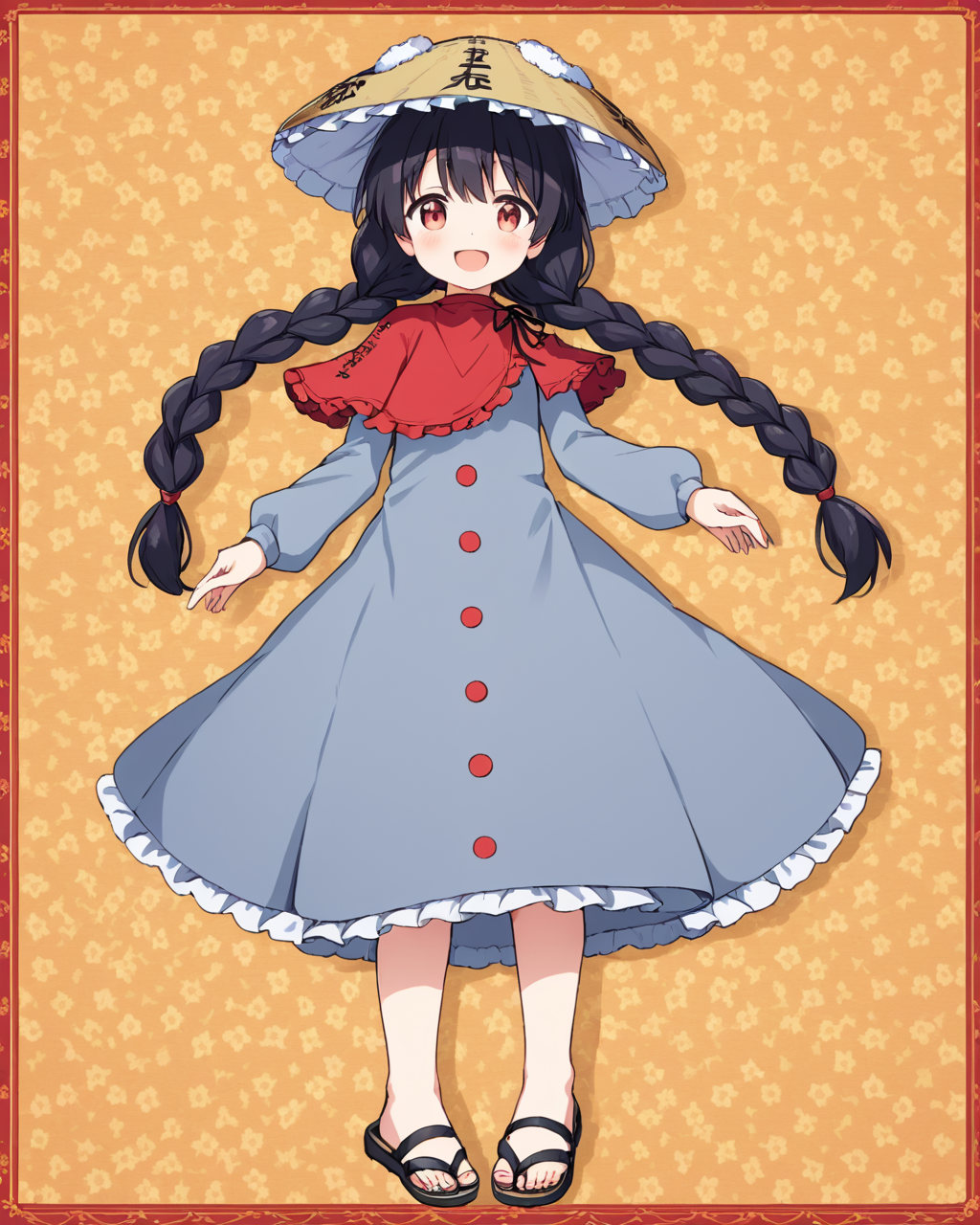 yatadera narumi,1girl, solo, twin_braids, ajirogasa, open_mouth, grey_dress, buttons, full_body, long_sleeves, sandals, smile, red_capelet, looking_at_viewer, blush, floral_background, clothes_writing, standing, long_earlobes
<lora:yatadera_narumi_image528_2023-12-20:1>,star-shaped_pupils,symbol-shaped_pupils,. gorgeous,key visual, vibrant, studio anime,award-winning, professional, highly detailed,high budget, cinemascope