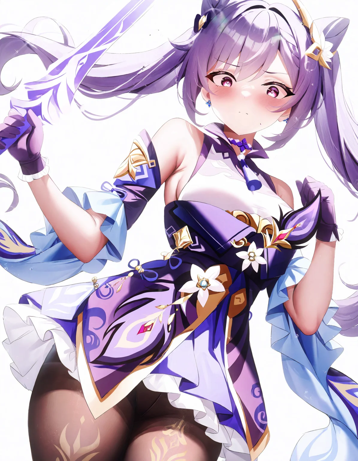 1girl, keqing \(genshin impact\), 
tongjun, solo, looking at viewer, simple background, holding sword, cone hair bun, sword, frills, breasts, bare shoulders, standing, dress, brown pantyhose, closed mouth, holding weapon, blush, weapon, pantyhose, medium breasts, holding, gloves, wide-eyed, long hair, white background, cowboy shot, detached sleeves, purple hair, frilled sleeves, short dress, purple gloves, hair bun, double bun, twintails, dutch angle, black pantyhose, purple eyes,
masterpiece, best quality, very aesthetic, newest, absurdres, incredibly absurdres
 <lora:tongjun:1>