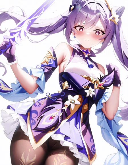 1girl, keqing \(genshin impact\), 
tongjun, solo, looking at viewer, simple background, holding sword, cone hair bun, sword, frills, breasts, bare shoulders, standing, dress, brown pantyhose, closed mouth, holding weapon, blush, weapon, pantyhose, medium breasts, holding, gloves, wide-eyed, long hair, white background, cowboy shot, detached sleeves, purple hair, frilled sleeves, short dress, purple gloves, hair bun, double bun, twintails, dutch angle, black pantyhose, purple eyes,
masterpiece, best quality, very aesthetic, newest, absurdres, incredibly absurdres
 <lora:tongjun:1>