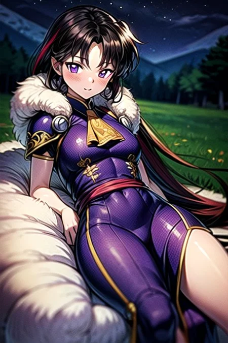 best quality 1girl Setsun4 solo long hair, (night time) forest background black hair very long hair purple eyes multicolored hair armor, small, (fur trim) (medium body),<lora:EMS-179-EMS:0.800000>,<lora:EMS-293862-EMS:0.800000> bow, hair_bow, hair_tubes, red_bow, brown_hair, long_hair, bangs, ascot, frilled_bow, yellow_ascot, blush, smile, hair_between_eyes, athletic, armor, miko, ,(((intricate outfit,intricate clothes,embroidered outfit,ornate outfit,embroidered clothes,ornate clothes))), laying down, lying down