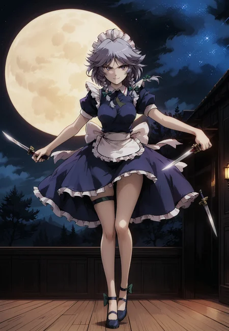 safe_pos, score_9, score_8_up, score_7_up, source_anime, source_hentai, masterpiece, best quality, highly detailed, fine details, ambient light, dynamic lighting, Expressiveh, anime coloring, 1girl, Sakuya, bow, dress, looking at viewer, maid, maid headdress, parody, short sleeves, knife, holding many knifes, knives between fingers, ribbon, thigh strap, confident, smirk, perfect hands, perfect nipples, curvy, medium breasts, curves, perfect details, seductive, cinematic lighting, volumetric lighting, full body shot, attack pose, action stance, starry sky, night, moon behind