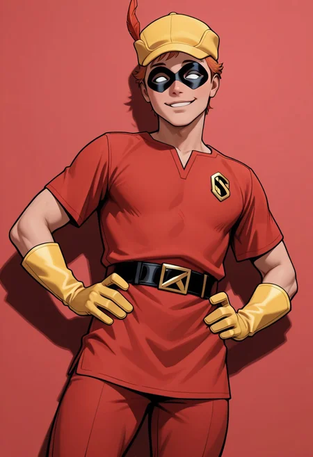masterpiece, absurdres, high quality, perfect anatomy, 1boy, solo, cute boy, male focus, Speedy, Orange Hair, Domino Mask, White Eyes, Yellow Cap, Red Tunic, Tunic, Red Pants, Yellow Gloves, smug smile, parted lips, hands on hips, cinematic, intricately detailed illustration, depth of field, masterpiece, best quality, amazing quality, very aesthetic, absurdres, newest, very awa, shadow, dynamic angle, casual cosplay, dynamic pose, simple background, red theme