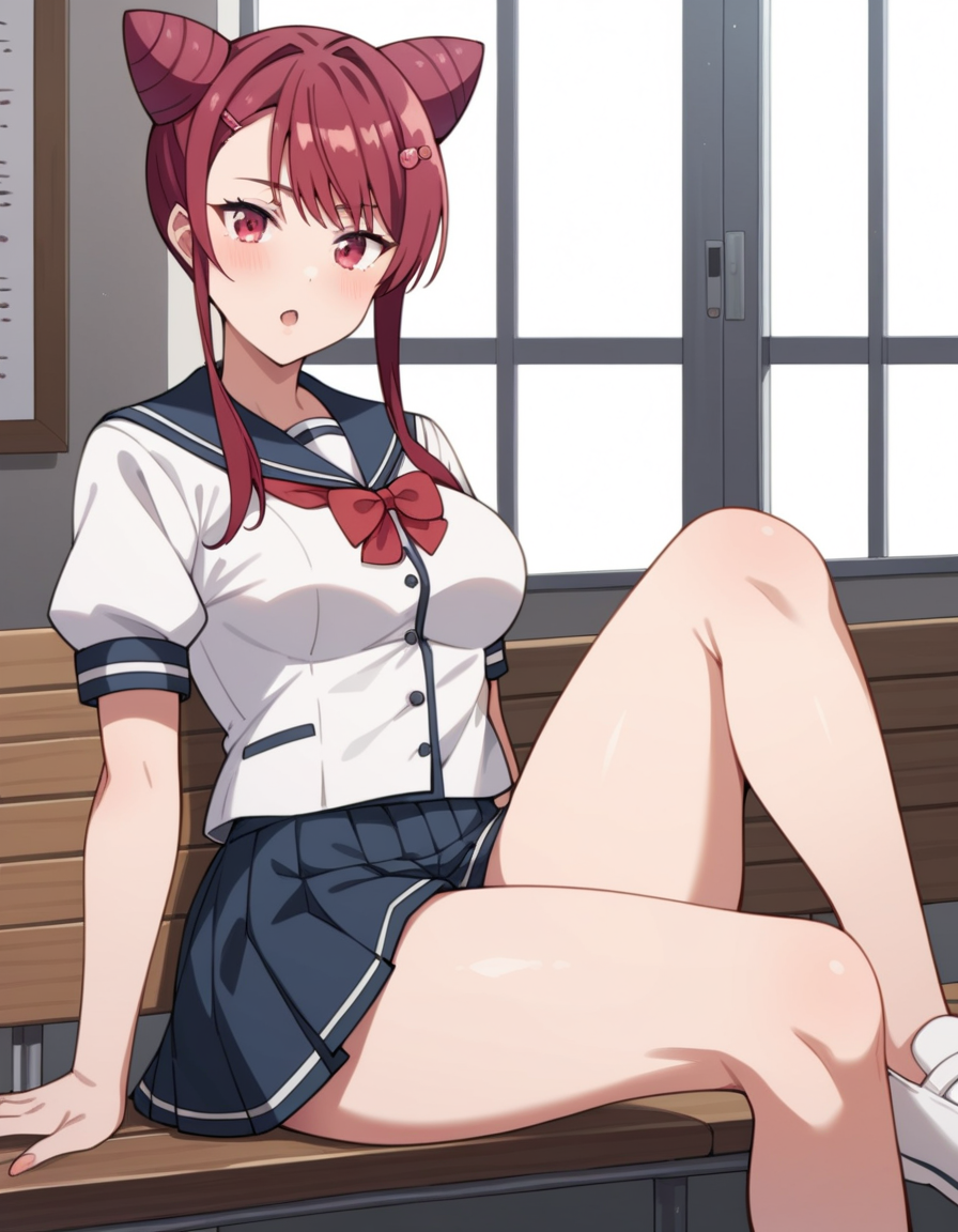 score_9, score_8_up, score_7_up, source_anime, uncensored, <lora:StS_detail_slider_v1:3>, zPDXLxxx, <lora:Asaka_Mayama_PONYXL_VexVexX:1>, AsakaMayama, 1girl, red eyes, red hair, hair bun, double bun, cone hair bun, sidelocks, bangs, hair ornament, hairclip, medium breasts, school uniform, serafuku, white shirt, pleated skirt, red bowtie, cowboy shot, indoors, from side, Single-leg squat on a bench, lowering down on one leg with the other extended forward, thighs, looking at viewer