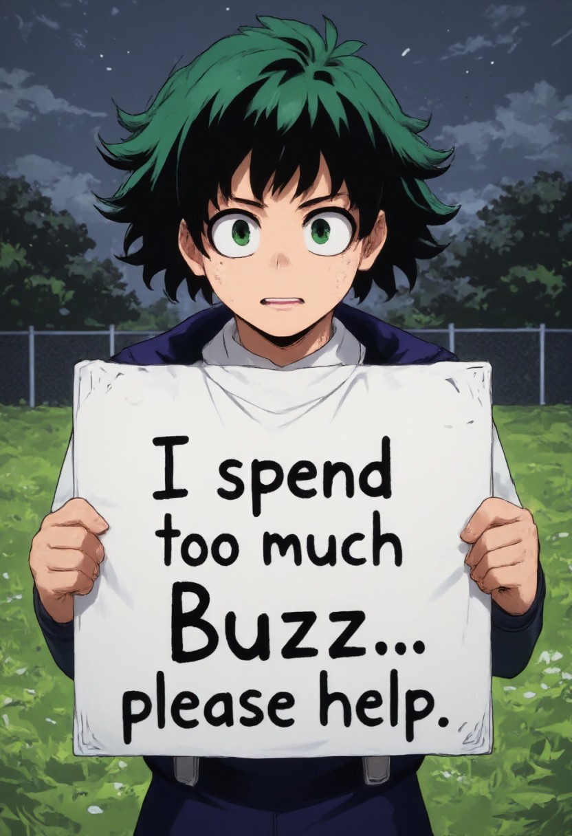 anime, 2d, 1boy, solo, skinny, ((school uniform)), izuku_midoriya, freckles, green hair, green eyes, standing, wet, soaked, crying, raining, storm,  (((flower field background)), ((holding a white sign with black text that reads "I spent too much Buzz... please help. " on it))