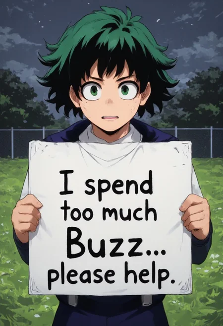 anime, 2d, 1boy, solo, skinny, ((school uniform)), izuku_midoriya, freckles, green hair, green eyes, standing, wet, soaked, crying, raining, storm, (((flower field background)), ((holding a white sign with black text that reads "I spent too much Buzz... please help. " on it))