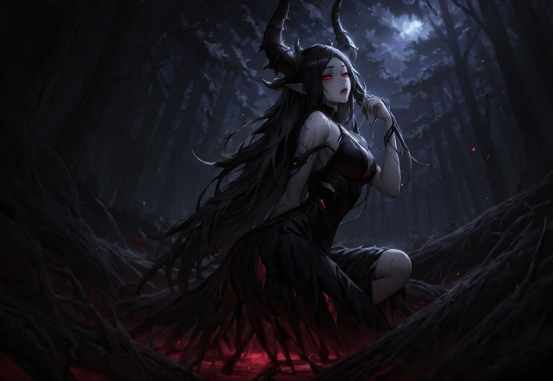 lgspx,
very awa, masterpiece, highres, absurdres, dynamic pose,  
1girl, solo, , looking at viewer,  half-closed eyes, narrow waist,  black sundress, torn dress, long hair, light skin, pale skin, big horns, red eyes, glowing eyes,
forest,  blood pool, detailed background, moonlight,
<lora:LGSPX:0.7> <lora:ponyv5_noobV065S_1_adamW-000013:0.35>