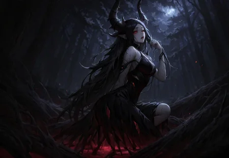 lgspx,
very awa, masterpiece, highres, absurdres, dynamic pose,  
1girl, solo, , looking at viewer,  half-closed eyes, narrow waist,  black sundress, torn dress, long hair, light skin, pale skin, big horns, red eyes, glowing eyes,
forest,  blood pool, detailed background, moonlight,
<lora:LGSPX:0.7> <lora:ponyv5_noobV065S_1_adamW-000013:0.35>