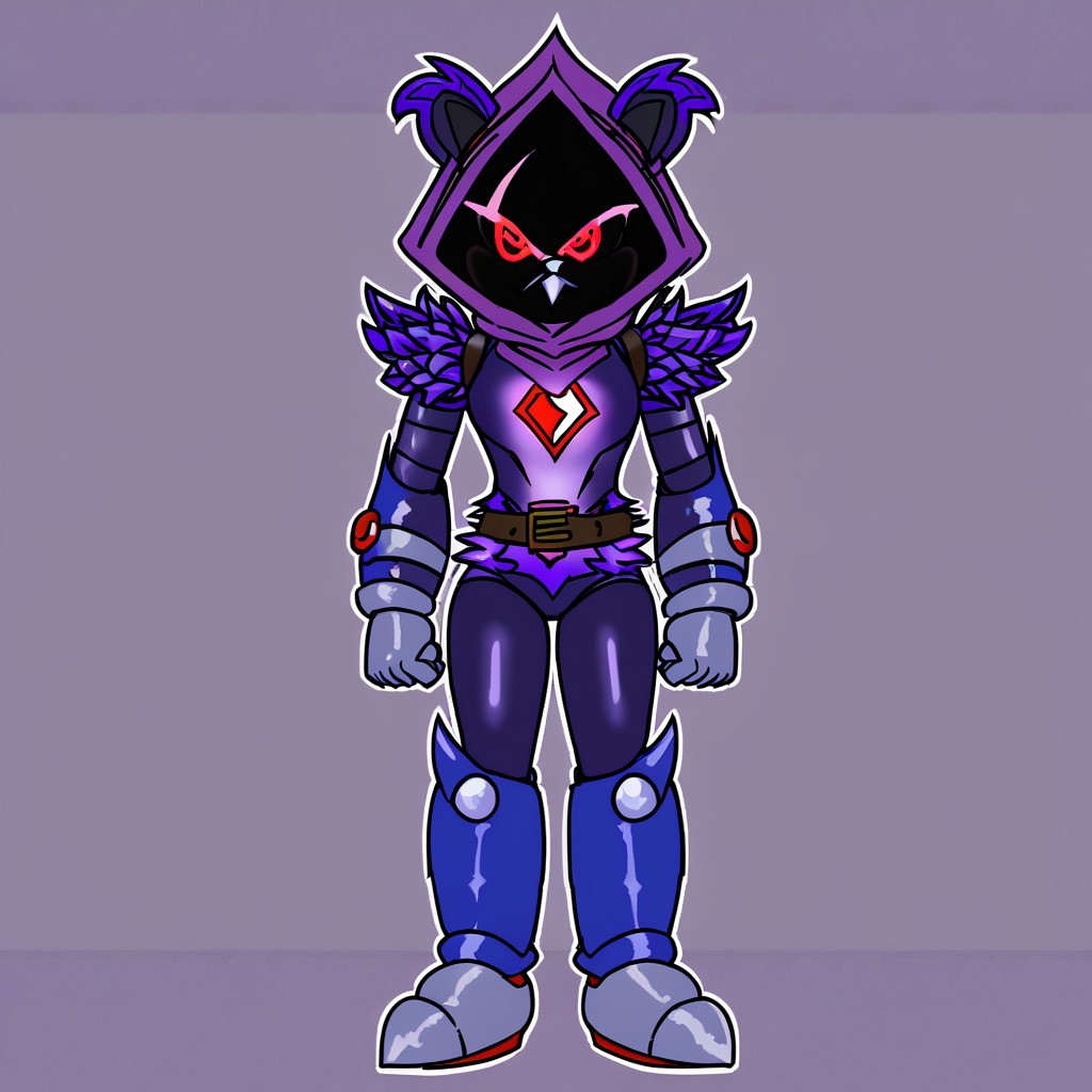 Metallix, red glowing eyes, robot, glowing red energy core, blue metal skin, black sclera, pointy metal nose, red shoes, clenched hands, red orbs on its forearms, white details on its edges, white spikes on its head, thruster on its back, solo, , Raven Team Leader, 1girl, masterpiece, best quality, purple hood, faceless, shaded face, animal ears, dark skin, purple skin, scar on eye, (furry), (body fur:1.2), purple fur, belt, straps, :3, torso symbol, metal gloves, metal boots