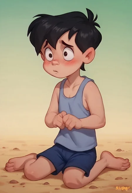 score_9, score_8_up, score_7_up, score_6_up, 1boy, solo, male, Neddiehugson, 1boy, solo,  black hair, short hair, black eyes, thin body, thin face, short stature, cute boy, blushing, shy, tank top, shorts, barefoot