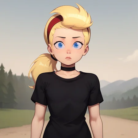 score_7_up, BREAK, 1girl, solo, SissyBlakely, blue eyes, blonde hair, low ponytail, red hairband, black choker, black shirt, <lora:SissyBlakely_PXL_Leaf2:0.8>, cowboy shot, outdoors,
