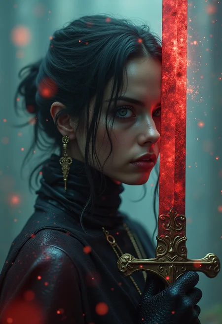 Detailed, masterpiece, professional, bold colors, awe inspiring, photography inspired by Jeremy Mann and Kelly McKernan, 30mm shot, action scene, HDR, bloodborne themed, epic atmosphere, female warrior against impossible odds, gloomy, Victorian era, holding cosmic infused lovecraftian sword, feminine, inspired by Agnes Cecile, "Get Gud" written in bold ancient text double exposure over background, meme