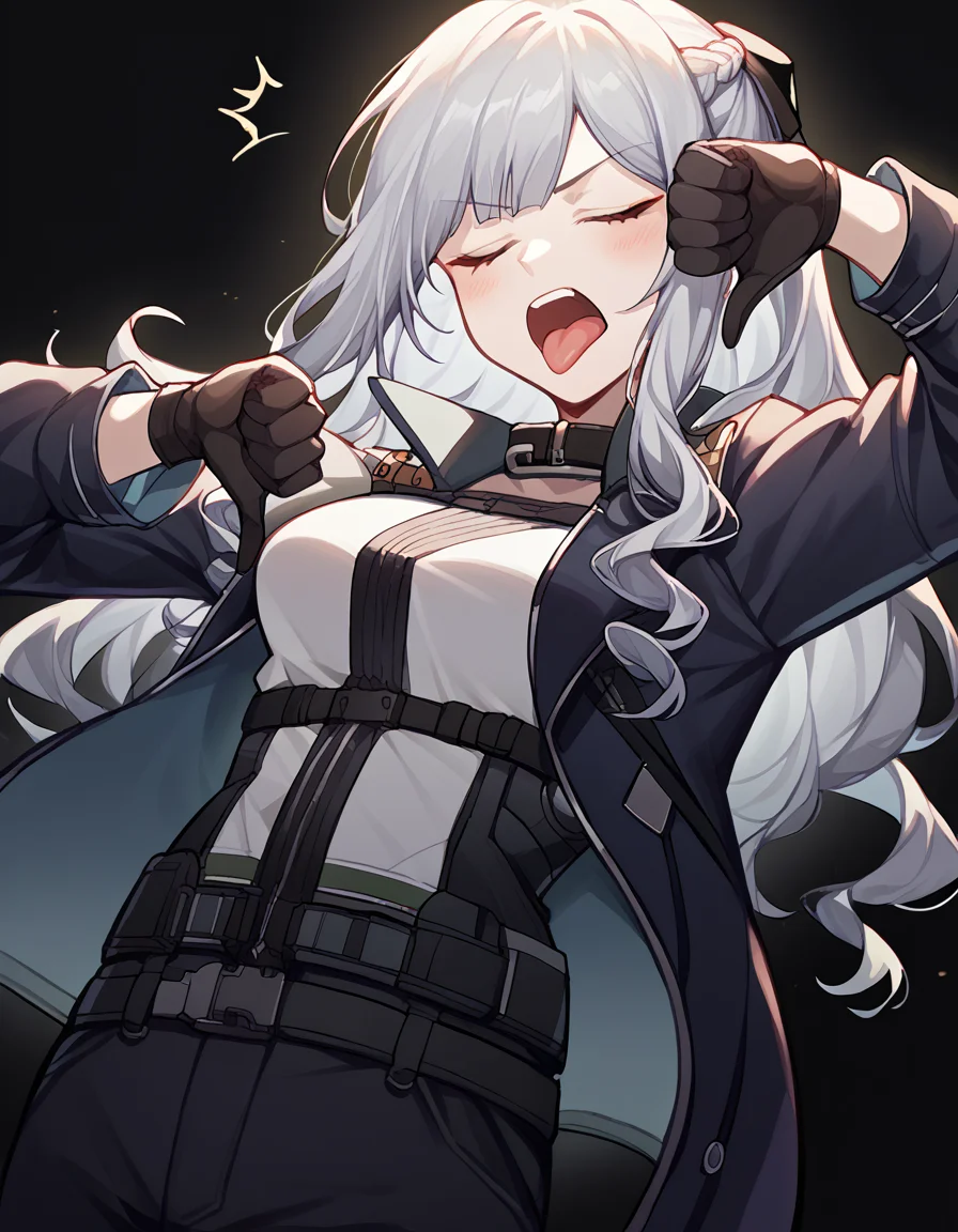 score_9, score_8_up, score_7_up, source_anime, <lora:girlsfrontline-ak-12-ponyxl-lora-nochekaiser:1>, ak-12, ak-12 (girl's frontline), closed eyes, grey hair, long hair, bangs, pale skin, straight hair, curly hair, braid, french braid, sidelocks,, belt, black gloves, black jacket, black pants, collar, gloves, jacket, jacket on shoulders, long sleeves, open clothes, open jacket, pants, underbust,, bedroom, alarm clock, morning routine, yawning, stretching, on bed,, , <lora:thumbs-down-ponyxl-lora-nochekaiser:1>, thumbs down, blush, from below, smug, tongue, tongue out, open mouth, black background, looking at viewer, solo,, dutch angle, cowboy shot