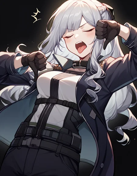 score_9, score_8_up, score_7_up, source_anime, <lora:girlsfrontline-ak-12-ponyxl-lora-nochekaiser:1>, ak-12, ak-12 (girl's frontline), closed eyes, grey hair, long hair, bangs, pale skin, straight hair, curly hair, braid, french braid, sidelocks,, belt, black gloves, black jacket, black pants, collar, gloves, jacket, jacket on shoulders, long sleeves, open clothes, open jacket, pants, underbust,, bedroom, alarm clock, morning routine, yawning, stretching, on bed,, , <lora:thumbs-down-ponyxl-lora-nochekaiser:1>, thumbs down, blush, from below, smug, tongue, tongue out, open mouth, black background, looking at viewer, solo,, dutch angle, cowboy shot