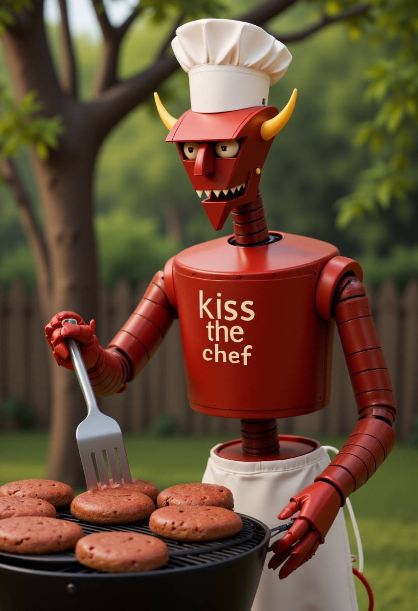 <lora:Beelzebot_Robot_Devil_-_Futurama_FLUX-000018:0.9> 
Realistic photo of a red robot named beelzebot grilling hamburgers in the park. He is wearing a chefs hat, and apron, and holding a spatula. The apron has the text "kiss the chef" written on it.
