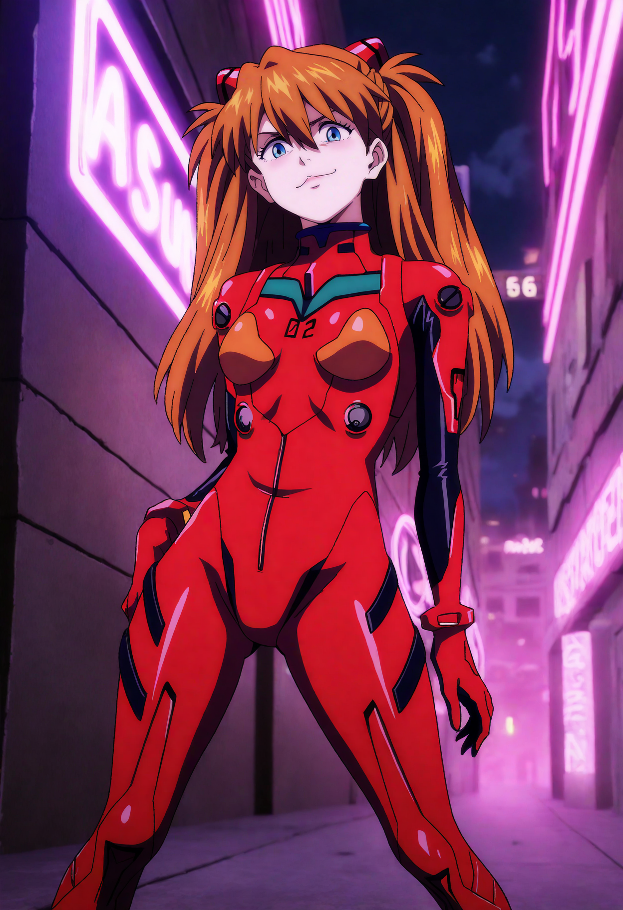 best quality, amazing quality, very aesthetic, absurdres,
1girl, asuka langley, red plugsuit, standing, smug, looking at viewer, futuristic background, neon light , buildings, night,<lora:AttackOnTitanNoob_byKonanV2:1>