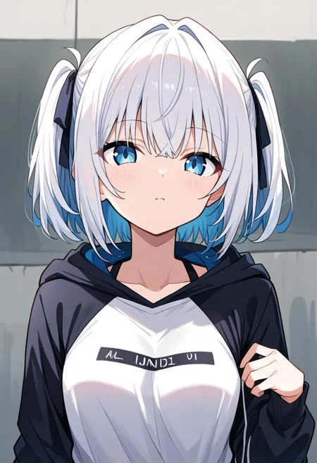 score_9, 1l4, blue eyes, white hair, white t-shirt, black hoodie, source_anime, ntm