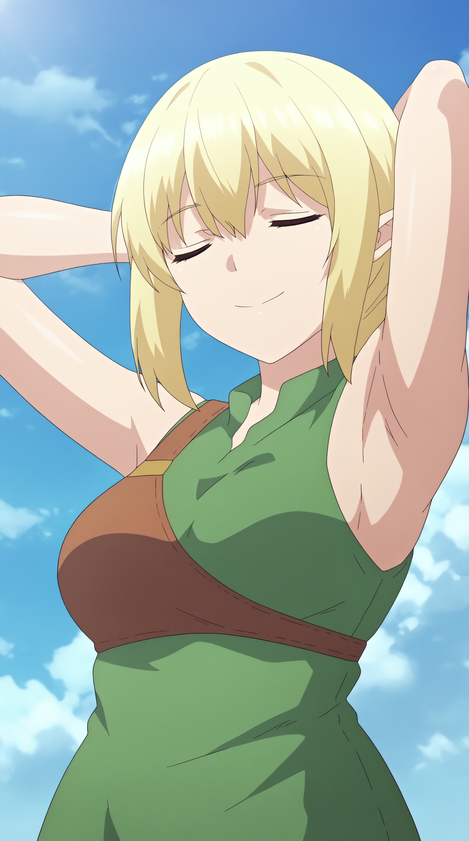 score_9, score_8_up, score_7_up,anime_source, source_anime, best background, detailed background, anime screencap, 4k, upscale,  Llusse, Main Outfit, solo, smile, closed mouth, upper body, closed eyes, sky, day, cloud, blue sky, arm behind head  <lora:JN_Llusse_Pony:0.8>