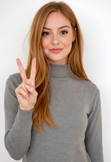 The image is a high-resolution photograph of an amateur actress wearing a turtleneck in front of a plain white background. She is casually giving the peace sign. The image captures her from the shoulders up, providing an intimate, close-up view of her face and upper body. She has a fit womanly physique and is slim and slender with medium-sized breasts. The photo is impressively detailed.