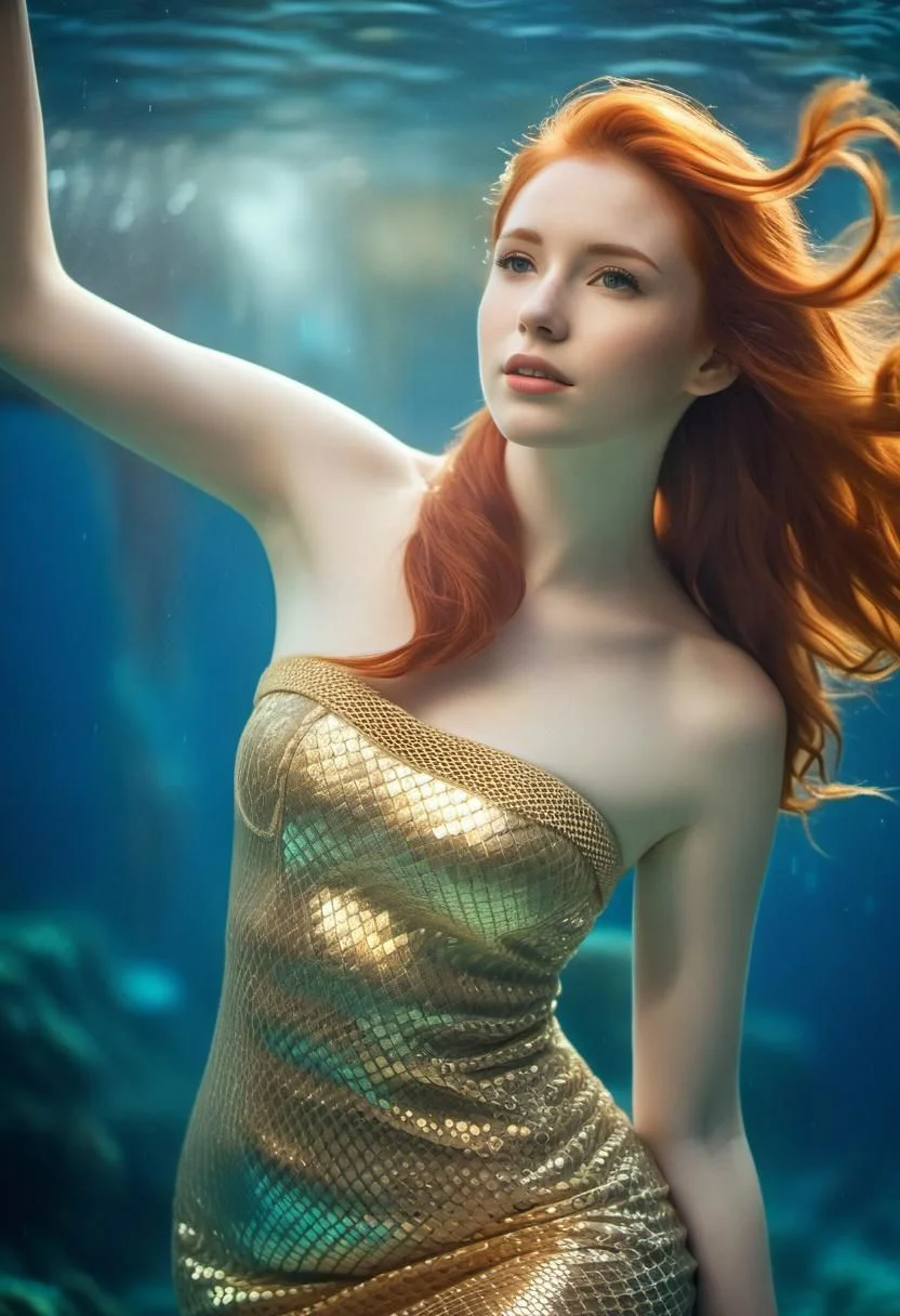 (cinematic, bokeh, hdr), woman, redheaded hair, pale white skin, (mermaid), shiny gold fishnetdress, upper body, underwater, wet