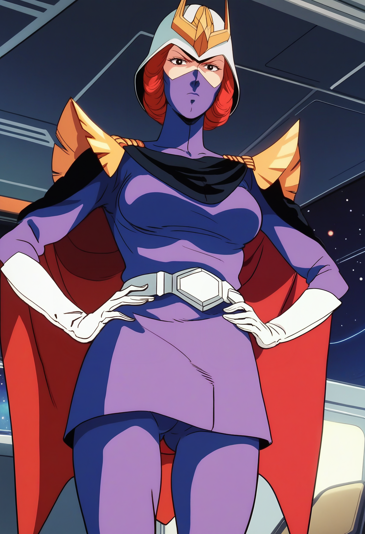 score_9, score_8_up, score_7_up, score_6_up, anime screencap, anime coloring, <lora:FGKycilia:0.9>, FGKyciliaM, 1girl, solo, red hair, helmet, no ears, mask, black eyes, breasts, 
military uniform, belt, cape, white gloves, pants,
looking at viewer, serious, v-shaped eyebrows, from below, hands on own hips, legs apart, ass visible through thighs,
BREAK spacecraft interior, window, space,