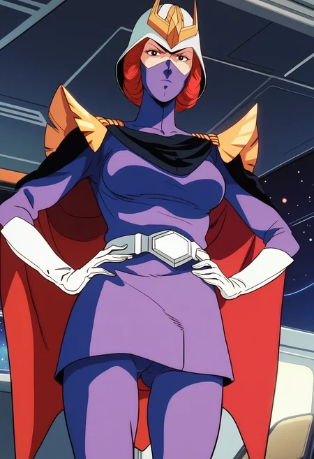 score_9, score_8_up, score_7_up, score_6_up, anime screencap, anime coloring, <lora:FGKycilia:0.9>, FGKyciliaM, 1girl, solo, red hair, helmet, no ears, mask, black eyes, breasts, 
military uniform, belt, cape, white gloves, pants,
looking at viewer, serious, v-shaped eyebrows, from below, hands on own hips, legs apart, ass visible through thighs,
BREAK spacecraft interior, window, space,