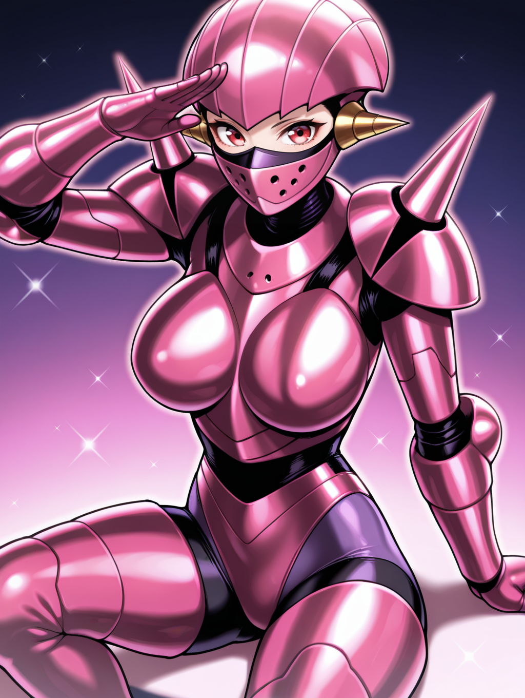 full armor,robot girl,robolady,1girl,solo,spikes,large breasts,looking at viewer,covered mouth,mouth mask,pink helmet,pink armor,shoulder spikes,pink gauntlets,purple bodystocking,pink thigh boots,salute, 
masterpiece,best quality,amazing quality,very aesthetic,absurdres,newest,<lora:Robolady illuXL v1:0.7>,
