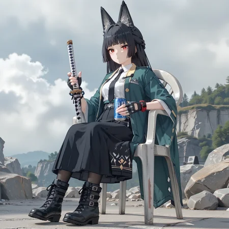 score_7_up, score_6_up, score_5_up, source_anime,
<lora:miyabi.pony:1>, zzzmiyabi, black hair, red eyes,
white shirt, black tie, green cloak, black skirt, long skirt,
black pantyhose, heel boots, black footwear, fingerless gloves,
<lora:PlasticChair_XLPonyD:0.8>, plastic chair, sitting, white chair,
leaning, holding katana, holding can,
outdoors, sky, cloudy, overcast, rock,