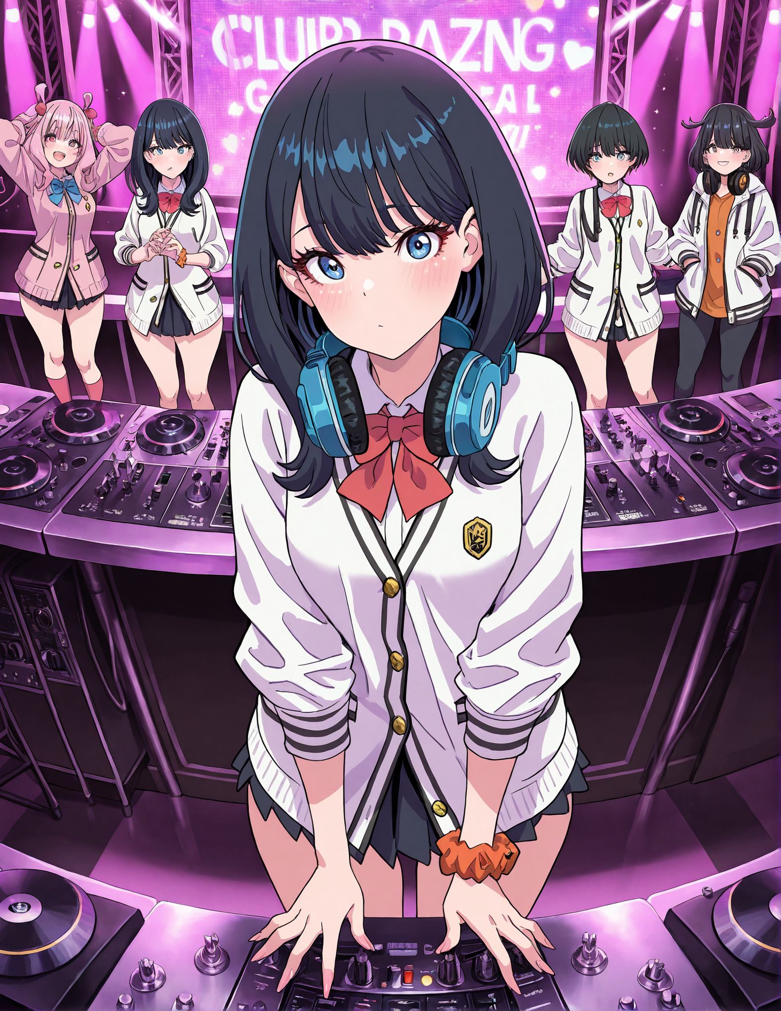 masterpiece,best quality,amazing quality,very aesthetic,absurdres,newest, huge filesize,
<lora:spo_sdxl_10ep_4k-data_lora_webui:0.5>,
<lora:add-detail-xl:1>
<lora:nightclub_dj_IL_v1:1>,club_dj,headphones around neck,cowboy shot,  
Yamashita_shunya_STYLE, multiple girls,   skirt, black hair, blue eyes, school uniform,  socks, short hair, jacket,long hair, 
takarada rikka, 
red bow, 
<lora:Yamashita_shunya_STYLE:0.8>  
Yamashita_shunya_STYLE,