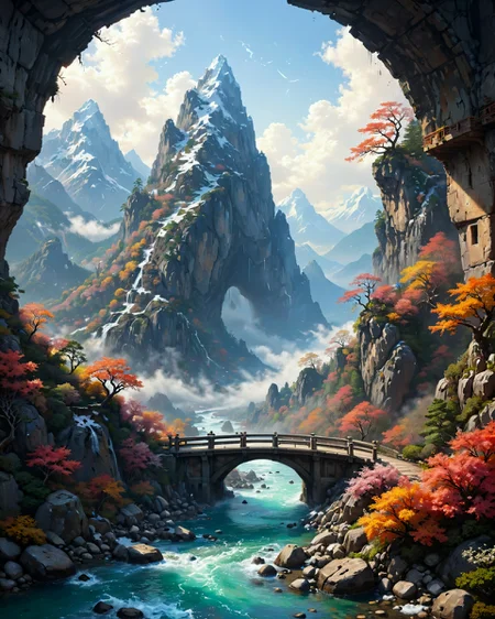 (fantasy landscape:1.2),(surreal landscape:1),
a rugged cursed mountain range, with jagged peaks, treacherous paths, a sense of danger,
Heatwave Weather,
a winter cloudscape, with clouds heavy with snow, the sky a soft gray, promising a gentle snowfall,
Forest floor dappled sunlight,
Fall foliage color explosions,
Sandstone arch bridges,
Coral reefs floating in zero-gravity,
Portals leaking chromatic chaos,
Mist showing past/future visions,
Utagawa Hiroshige: (ukiyo-e woodblock prints), (flat perspectives), (seasonal motifs), (vivid nature palettes),
dynamic range, f/8, shutter speed 1 sec, iso6400, white balance cloudy, exposure compensation "-1.0 ev", shutter priority shooting mode, symmetry and balance, focus mode continuous, partial metering,
(masterpiece:1.4), (intricate details:1.4), (hyperrealistic:1.3),(painting:0.9),(ultra detailed:1.4), (8k resolution:1.3), (sharp focus), (dramatic perspective:1.1), (chromatic aberration:0.3), (film grain:0.2),
<lora:cheeseDaddys_35:0.3>,
<lora:JuggerCineXL2:0.3>,
<lora:add-detail-xl:1.15>,
<lora:WildcardX-XL-Detail-Enhancer:0.4>,
<lora:sdxl_lightning_8step_lora:0.3>,
<lora:EnvyDramaticLightingXL02_photo:0.4>,
<lora:xl_more_art-full_v1:0.7>,
<lora:ClassipeintXL2.1:0.3>,
<lora:Flux-XL_Scenery:0.5> flux-scenery,