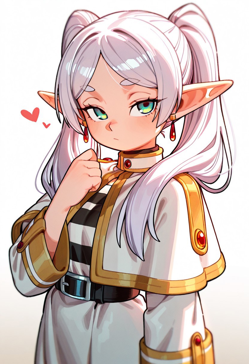 (eyesHD, detailed eyesdetailed eyes, beautiful eyes, high definition eyes), by wamudraws), masterpiece, best quality, amazing quality, very aesthetic, absurdres, gradient background, backlighting, shadow, shaded, 1girl, Frieren, solo, pointy_ears, green_eyes, twintails, long_hair, earrings, jewelry, heart, striped, white_background, white_capelet, belt, capelet, elf, simple_background, parted_bangs, striped_shirt, dress, white_dress, shirt, bangs, long_sleeves, very_long_hair, hand_up, white_hair, red_belt, looking_at_viewer, wide_sleeves, closed_mouth
<lora:DetailedEyes_V3:3>, <lora:illustrious_quality_modifiers_masterpieces_v1:1>,