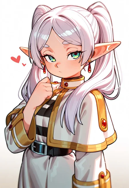 (eyesHD, detailed eyesdetailed eyes, beautiful eyes, high definition eyes), by wamudraws), masterpiece, best quality, amazing quality, very aesthetic, absurdres, gradient background, backlighting, shadow, shaded, 1girl, Frieren, solo, pointy_ears, green_eyes, twintails, long_hair, earrings, jewelry, heart, striped, white_background, white_capelet, belt, capelet, elf, simple_background, parted_bangs, striped_shirt, dress, white_dress, shirt, bangs, long_sleeves, very_long_hair, hand_up, white_hair, red_belt, looking_at_viewer, wide_sleeves, closed_mouth
<lora:DetailedEyes_V3:3>, <lora:illustrious_quality_modifiers_masterpieces_v1:1>,