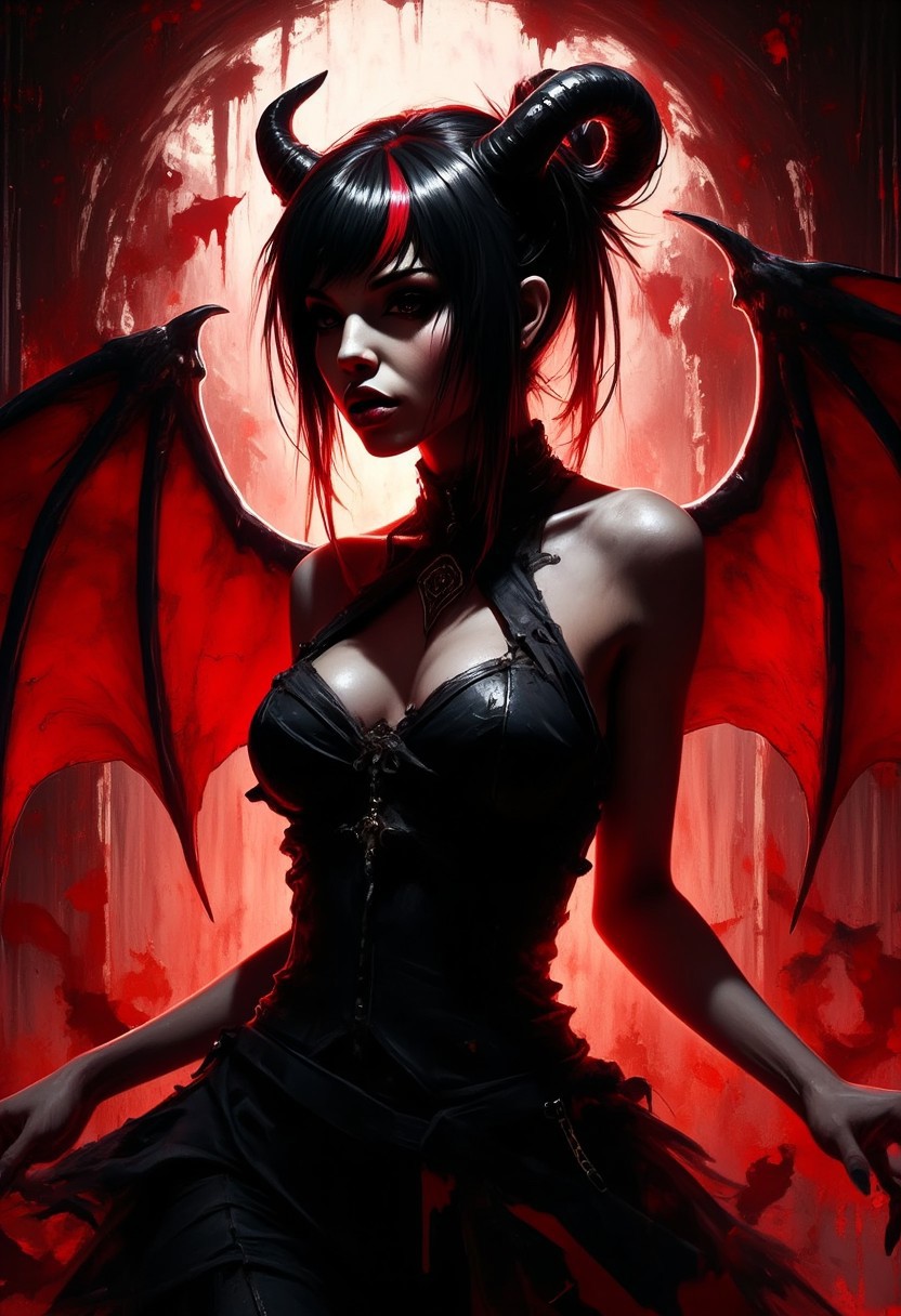Silhouette Art, magnificent, dark background, portrait of stunning oriental succubus, black hair with red streak, red lips, small horns, sultry, seductive, large red bat wings, black sleeveless dress, light hitting one side of face, abstract red background suggesting a crypt