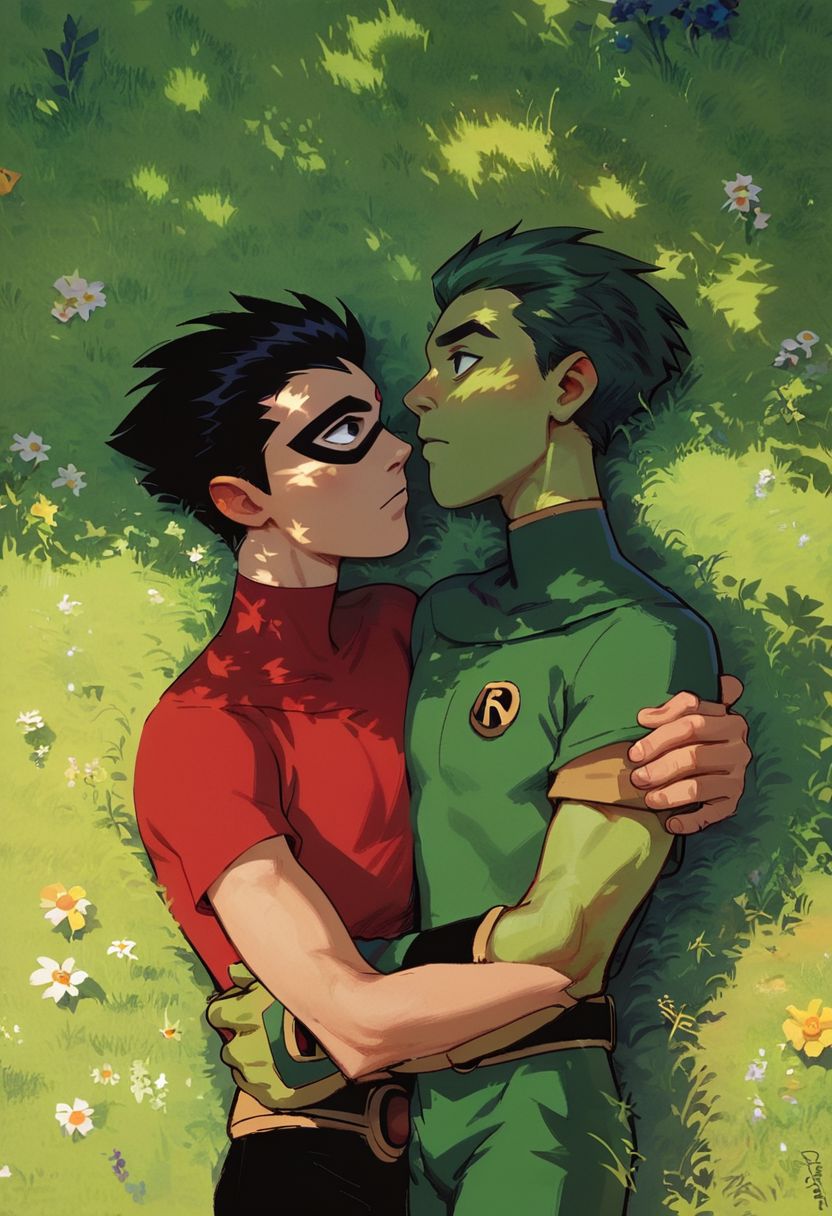 score_9, score_8_up, score_7_up, BRAKE green hair, green skin, beastboy, beast boy, BRAKE (black hair:1.2), mask, 
pale skin, human, robin, BRAKE teen titans, in a field, 2 boys laying together next to each other, looking into each others eyes, view from above, (close up:0.6), romantic,