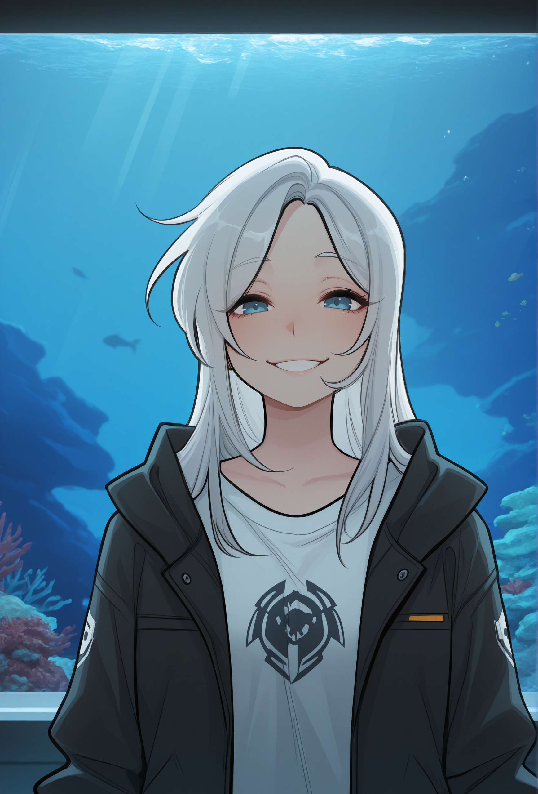(masterpiece, best quality, very aesthetic, absurdres:1.2), 1girl, science fiction, aquarium, pale skin, white hair, straight-on, jacket, looking at viewer, smile, <lora:glacierclear_style_illustrious_v1.3-unet:1> gclearstyle, blue eyes, (mod-oc:1.2)