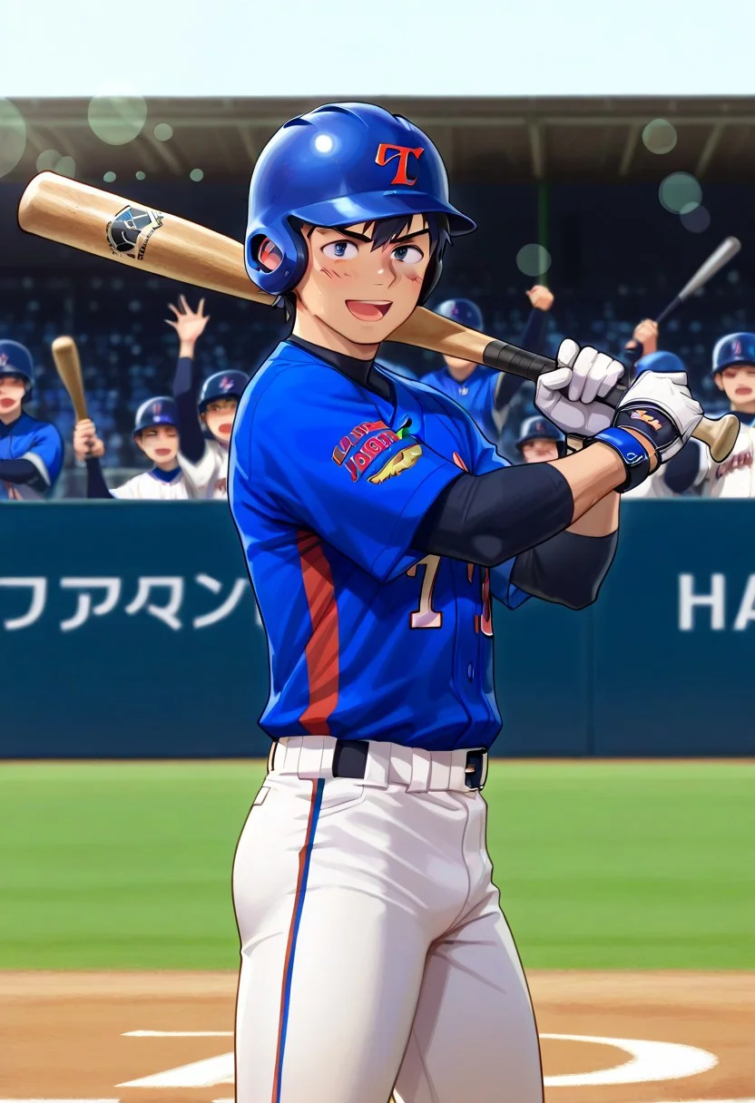 score_9, score_8_up, score_7_up, score_6_up, perfect anatomy, perfect proportions, best quality, masterpiece, high_resolution, high quality, highres, gay, homo, bara, male focus, male only, mature, masculine, manly, hunk, virile, handsome, charming, alluring, dutch angle, cowboy shot, asian man, Taiwanese man, black hair, HannekenTaiwanBaseball, Taiwan baseball uniform, Taiwan national baseball team, blue baseball jersey,  white baseball pants, baseball helmet, black compression undershirt, arm sleeve, elbow guard, wrist guard, batting gloves, shin guard, baseball cleats, baseball field, shading, countershading, detailed shading, detailed skin, realistic shading, intricate details, movie still, vibrant, vivid, stardom, glamorous, extraordinary achievement, award-winning, expressionist, cinematic still, emotional, harmonious, vignette, bokeh, cinemascope, moody, epic, gorgeous, motion, dynamic, focus, batting stance, looking at viewer open mouth, baseball bat, holding baseball bat