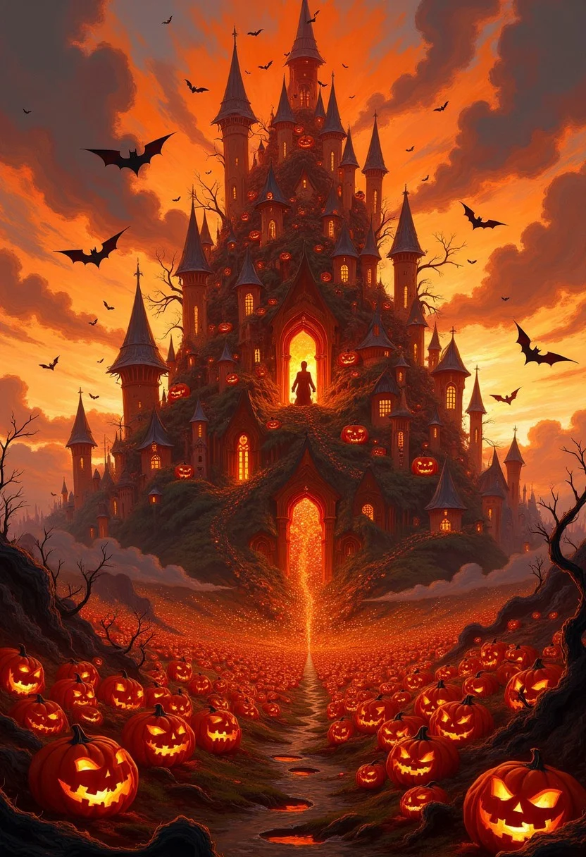 DB4RZ style painting, In a vast, neon-drenched sky above a sprawling cyberpunk metropolis,A massive, intricately carved pumpkin palace standing in the middle of a vast pumpkin patch. The palace is made entirely of glowing jack-o'-lanterns, each carved with unique, spooky faces. At the center of the palace is a giant throne carved out of a single enormous pumpkin, with tendrils curling around it. The sky is a deep, fiery orange, and bats are flying around the palace. The atmosphere is festive yet eerie, with flickering candlelight illuminating the jack-o'-lanterns, casting long shadows across the pumpkin field. <lora:anime_martzv2:0.53> anime_martz, <lora:FLUX-daubrez-DB4RZ:0.33> DB4RZ, DB4RZ style painting, <lora:NeonFantasyFLUX:0.73> ne0nfant4sy,